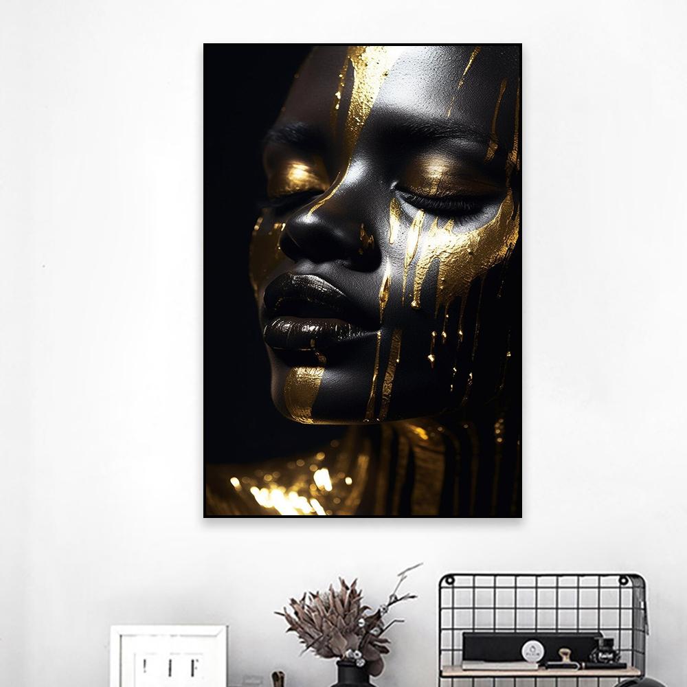 Black Girl Gold Makeup Wall Art Poster Modern Portrait Canvas Painting Elegant Black and Gold Face Art Prints Bedroom Decor