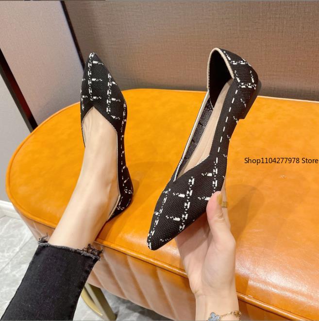 Fashion Spring and Autumn Flat Shoes Fashion Leisure Women's Flat Shoes Loafers Pointed Knitting Elastic Comfortable Boutique Shoes 43