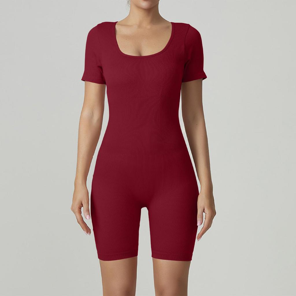 Women's Fashionable U Neck Short Sleeved Tight Fitting Yoga Fitness Jumpsuit