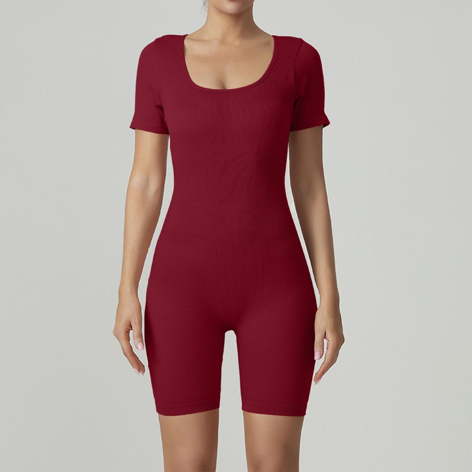 

Women s Fashionable U Neck Short Sleeved Tight Fitting Yoga Fitness Jumpsuit S винний