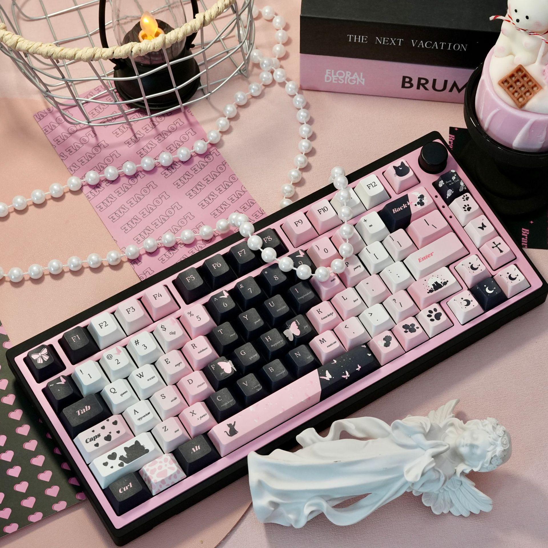 Black Cat Rose Pink Five-Sided Dye-Sublimation PBT Keycaps for Mechanical Keyboards