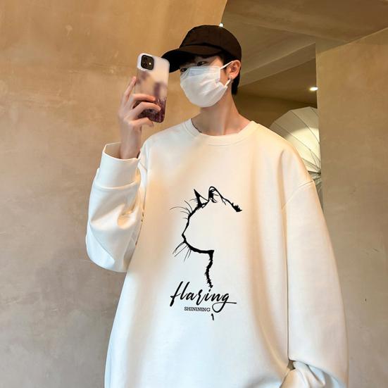 Męska Bluza Oversize Styl Hip Hop Nadruk Profilu Kota Okrągły Dekolt Luźna Jednolity Kolor Gruba Pluszowa Średniej Długości Pulower Codzienny Sportowy Streetwear Top