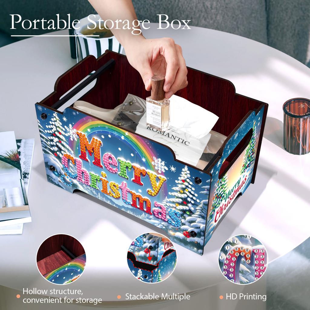 5D DIY Diamond Art Colored Pattern Wood Case Partial Drill Rhinestones Decorative Storage Box Wooden Crystal Storage Handbag Kit