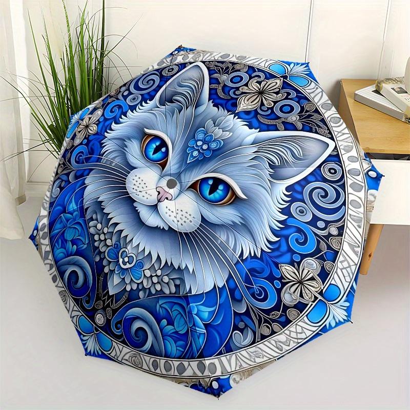 

1pc Blue Floral Mandala Cat Umbrella with Plastic Handle,Suitable for All Seasons Home Travel Outdoor UmbrellaB1597