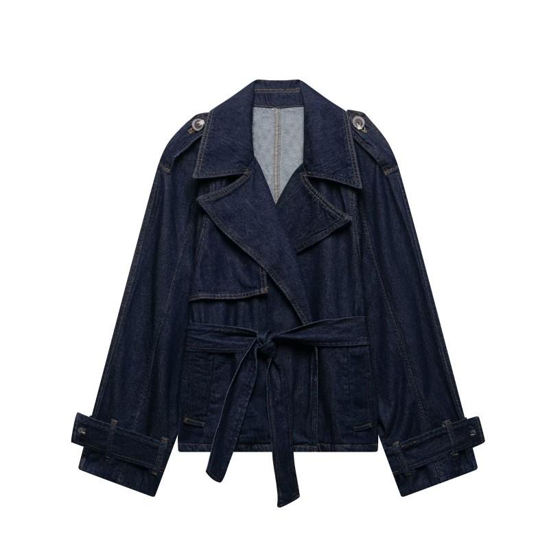 Womens Short Denim Trench Coat French Blue Belt Wide Leg High Waist Design Casual Wear