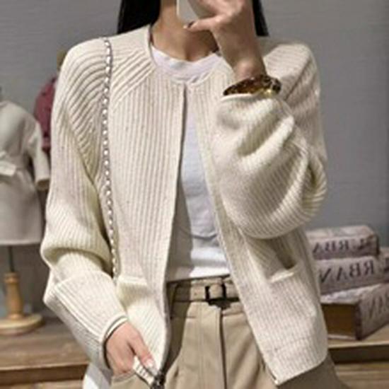 Women's 2024 Pure Wool Knit Cardigan - Round Neck, Long Sleeve, Versatile Base Layer