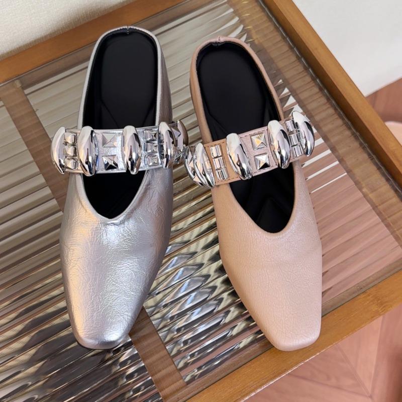 Fashion French Temperament Baotou Rivet Shoes Women's One Foot Metal Buckle Square Toe Half Slippers  Height Increasing Sandals