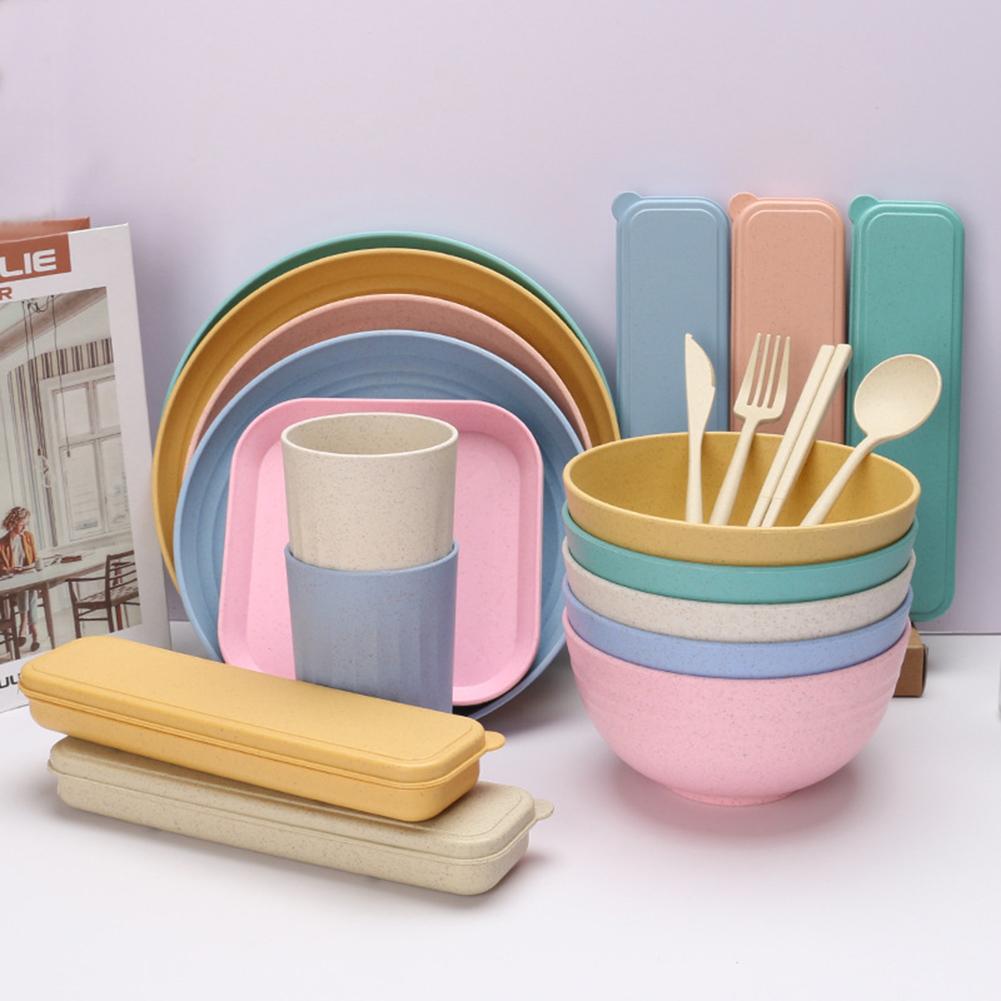 63pcs Wheat Straw Cutlery Set Household Portable Knife Fork Spoon Chopsticks Bowl Plate Dish Tableware