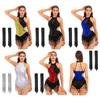 Maillot de corps pour danse latine femme sans manches à franges sequins bloc de couleur Scintillant Sequins Set de gants