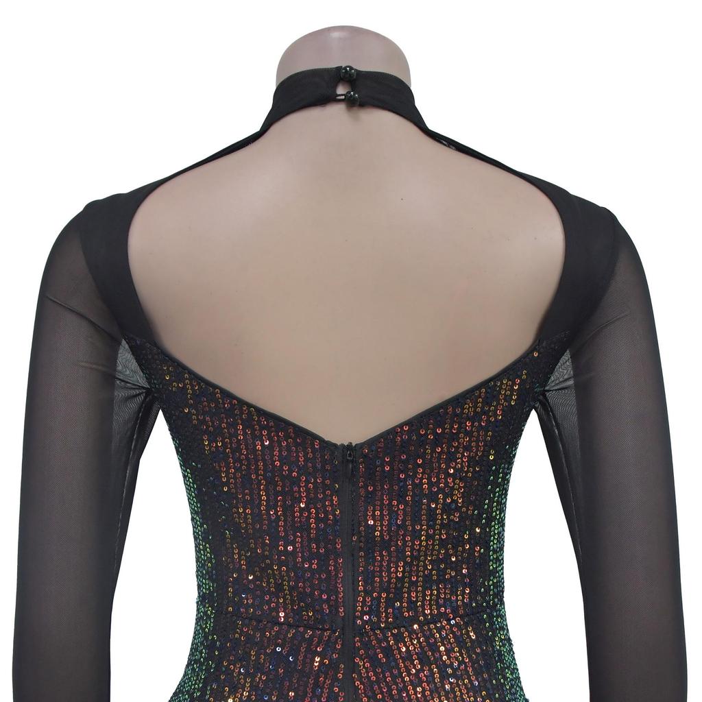 C7055 European & American Sequin Deep V Long Sleeve Mini Dress - Women's Fashion