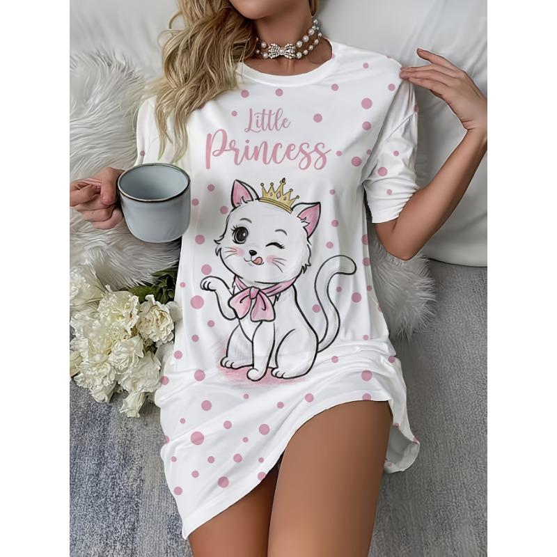 Ladies' Sweet Crown Cat Round Neck Pajamas, White Background Pink Polka Dot Fitted Long T-Shirt