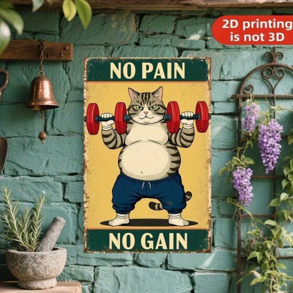 Vintage Power Cat Retro Metal Sign Funny Kettlebell Gym Wall Art Man Cave Bar Garage Decor