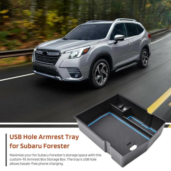 Armrest Box Storage Tray for Subaru Forester 2024-2019 USB Hole Removable Pads Easy Installation Interior Organizer for Easy Access Hidden Storage