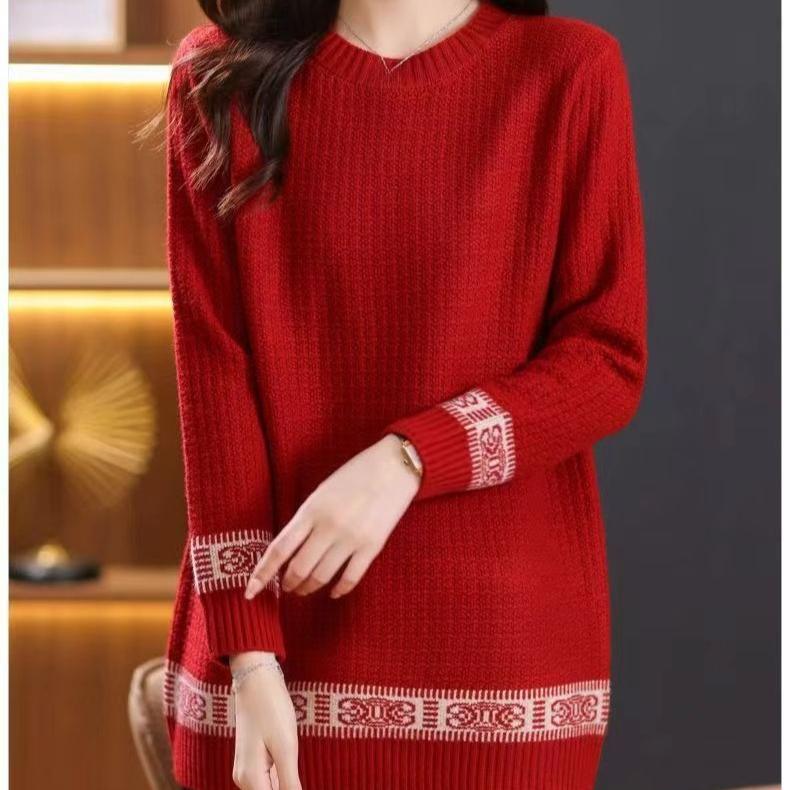Mid-length Sweater Women's Autumn and Winter Loose Large-sized Pullover Top Versatile Round-neck Long-sleeved Knitted Sweater