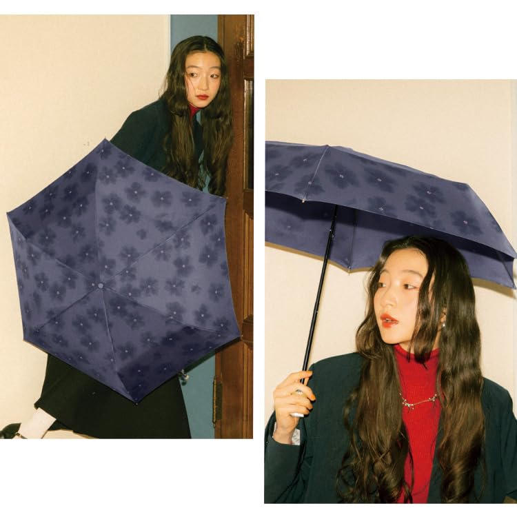 Folding Watercolor Flower Suitable for Rain or Clear Wpc. Umbrella, Mini, Navy, Lightweight, Shine, Handle, Cute, Stylish, Women's, Commuting, School,