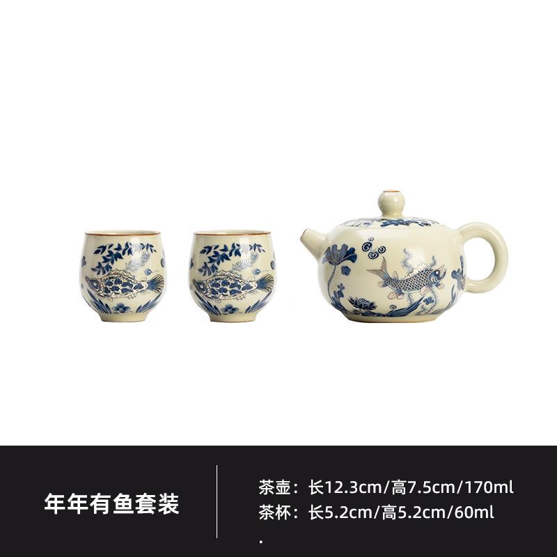 

Hand Painted Blue-and-white Fish Tea Set Complete Set Boutique Tea Ceremony Set Teapot And Tea Cup Set Teaset Decoration Craft