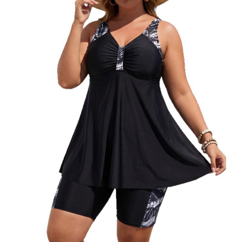 Dames Grote Maat Losse Tankini Zwempak Zwart Bladprint 6x