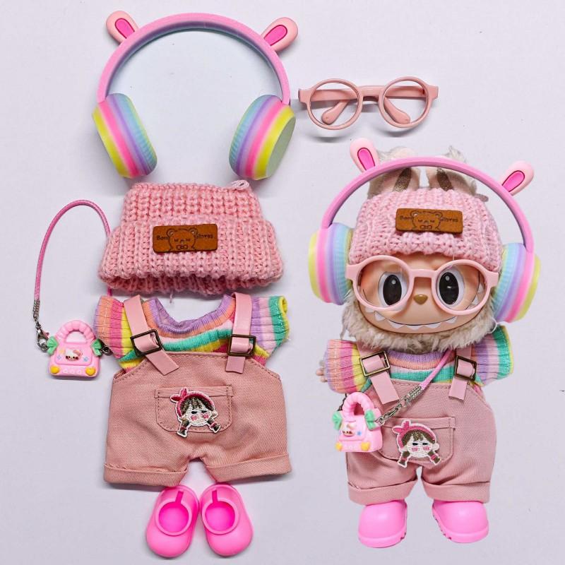 15cm 17cm Labubu Doll Outfit Set Pink Overalls With Ears Accessories 7pcs Fashion Clothing Collectible Dolls
