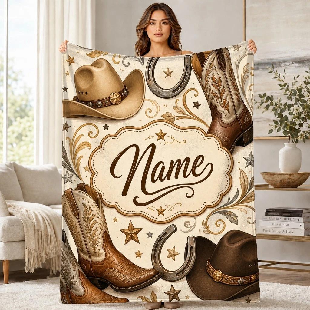 Western Cowboy Boots Nameplate Coral Fleece Blanket Ranch Decor