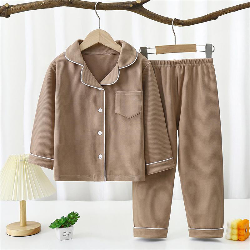 Automne 2026 Combinaisons Sous-vêtements Velours Couleur Unie pour Enfants Bébé Printemps Revers Manches Longues Pantalon Ensemble Pyjama Enfants Poche Vêtements de Maison Combinaison pour Fille Garçon