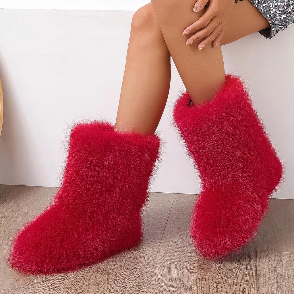 Europeiska Y2K Dam Mid-Calf Pälssnöskor - Varma, Moderiktiga, Plattbottnade Vinterstövlar