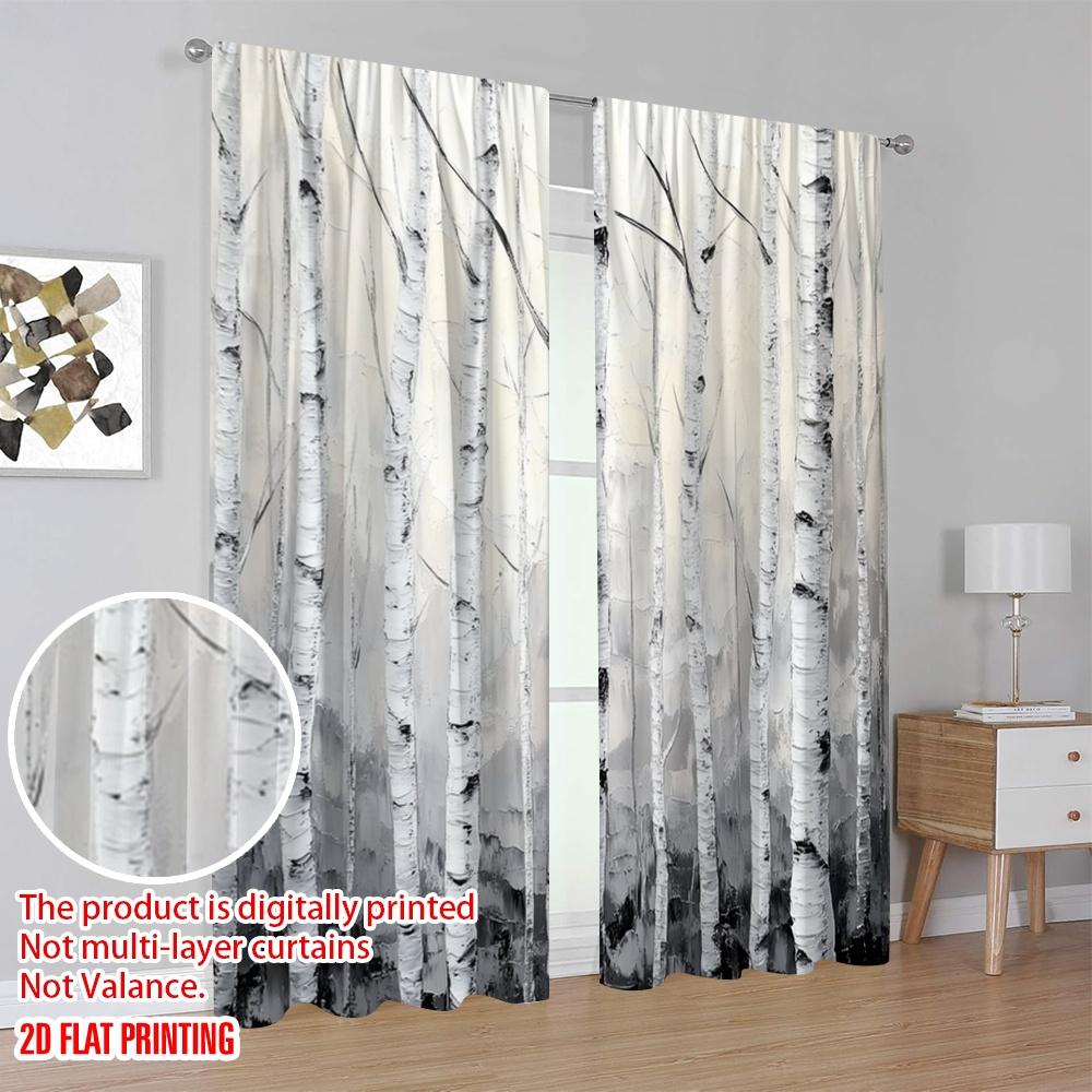 2pcs,2D Plane Printing Curtains&Window Treatment Birch Forest Essence Versatile 100% Polyester (without Rod) Decorations For