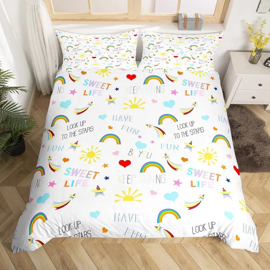 Comforter Rainbow Heart Love Bedding Set Microfiber Colorful Rainbow Clouds Comforter Twin King Size For Kids Girls