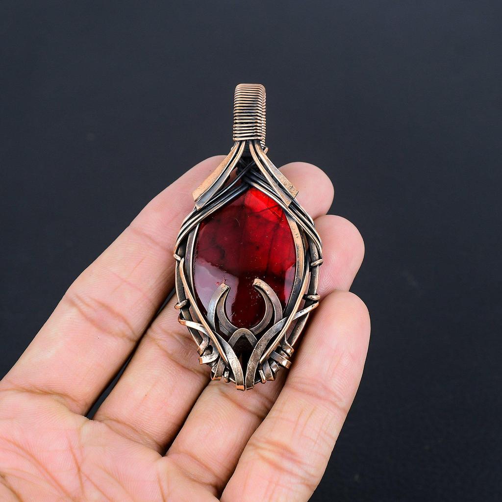 Red Flash Labradorite Pendant, 999 Copper Wire Wrapped Jewelry, Gemstone Jewelry Pendant, Handmade Wedding Gift Jewelry