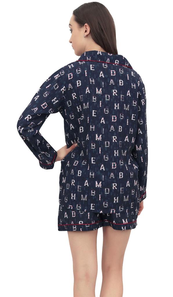 Bimba Women Button-Down Shirt With Elastic Waist Shorts 2 Pcs Night Wear Set -