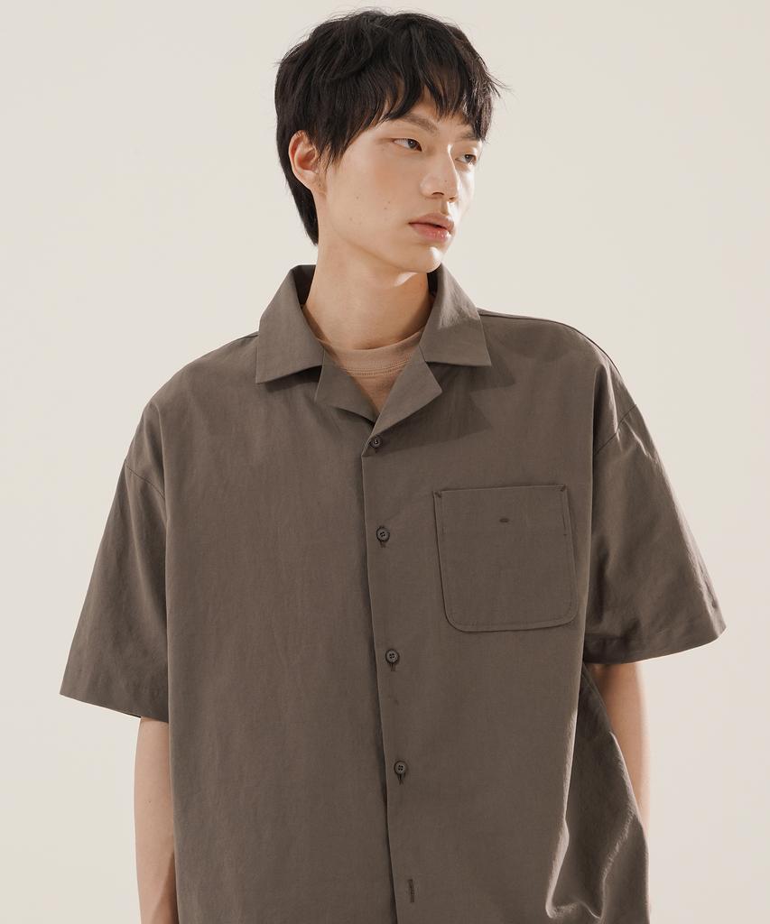 JEMUT Open Collar Linen-Like Short Sleeve Shirt Brown Kjss2622