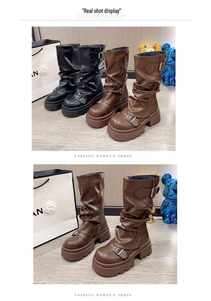 Botas Plataforma de Salto Grosso Estilo Britânico Feminino, Botins Martin Meia-Canela Retrô Outono 2024