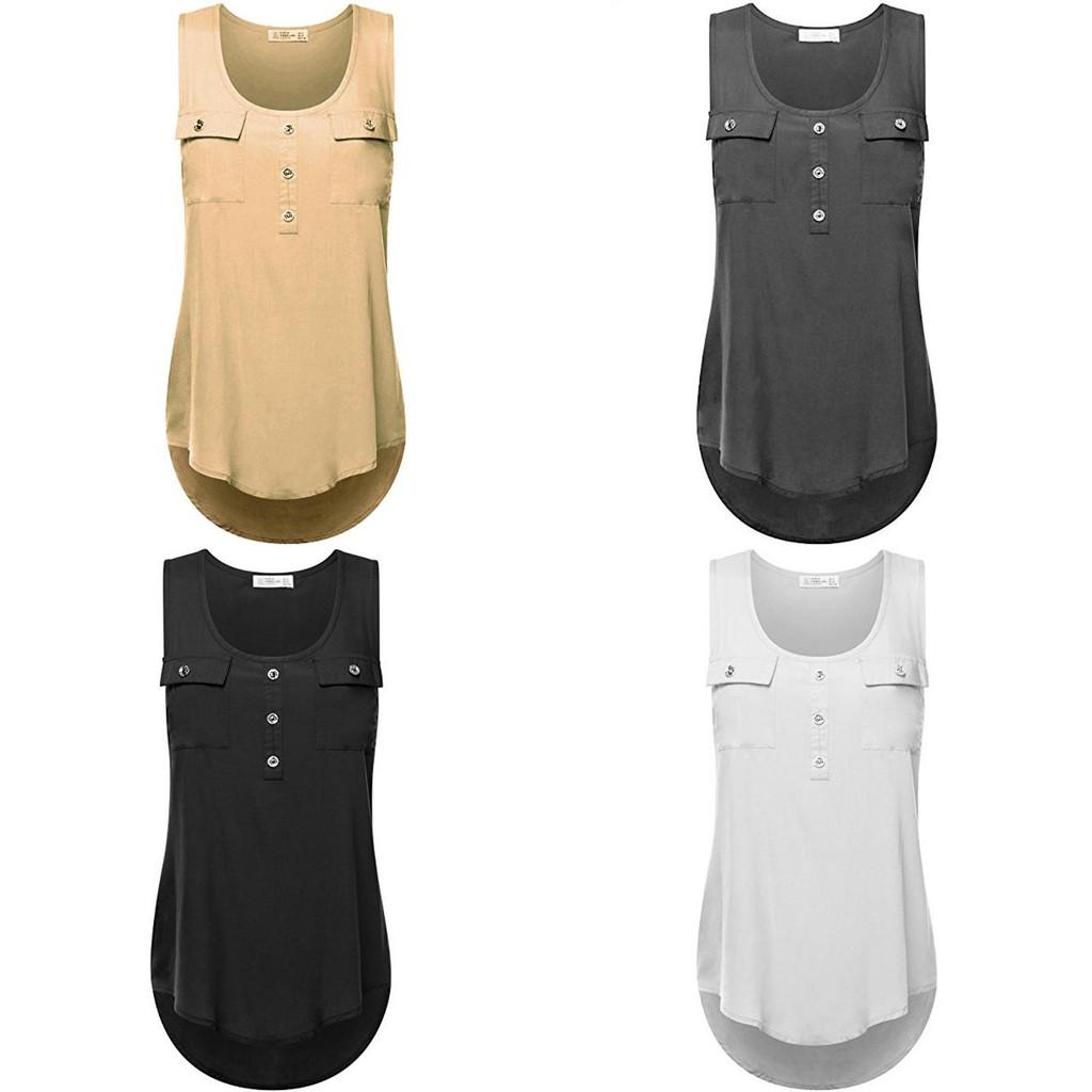 Elegant Women's Fashion Button Pocket Sleeveless Shirt With Sexy Irregular Hem Tank Tops