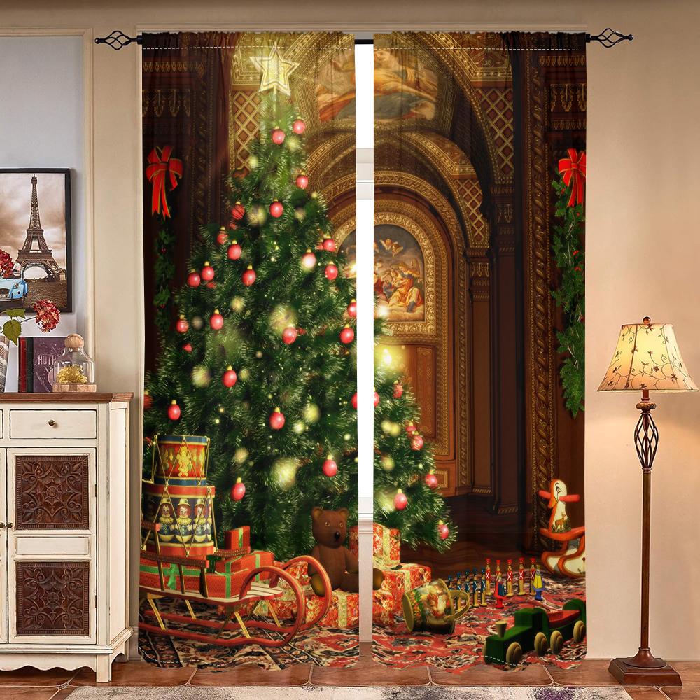 2 Pieces, Christmas Tree Winter Gift Toy Curtains -30% Blackout - Suitable for Living Room, Bedroom, Kitchen, Home Decoration