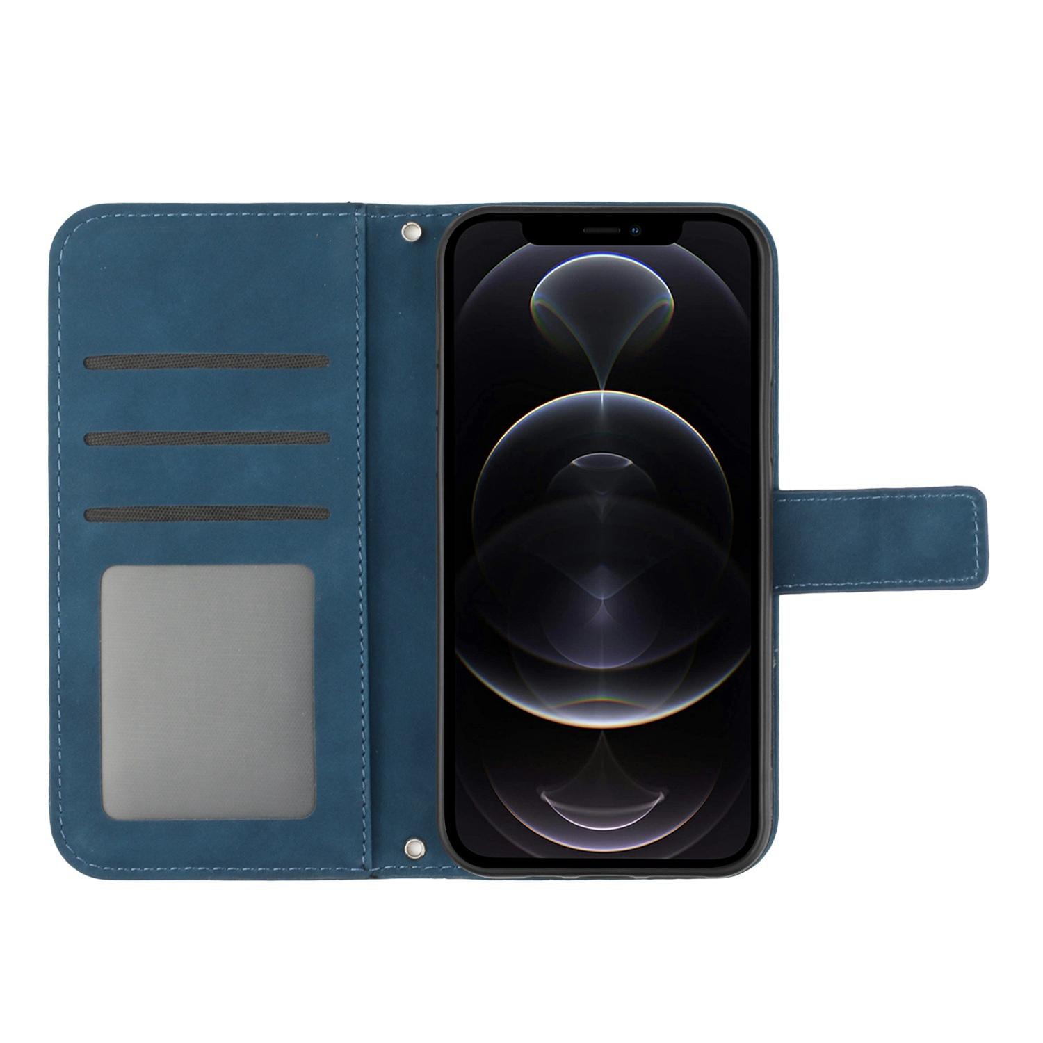 

For iPhone 12/12 Pro 6.1 inch HT04 Imprinted Sunflower Phone Wallet Stand Case Skin-touch PU Leather Folio Flip Cover with Shoulder Strap Dark Blue
