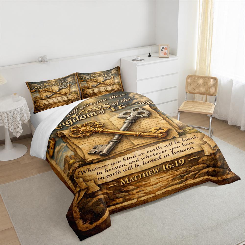 3 Piece Bedding Set with Duvet Cover and 2 Pillowcases - Keys Of The Kingdom Of Heaven Bible Print - Gold Sepia Christian Decor for Faith Fans