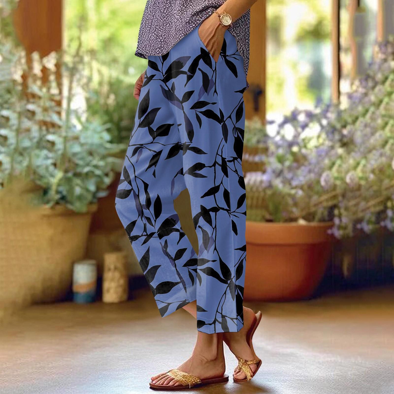 

Женские модные повседневные брюки с цветочным принтом, прямые брюки с карманами и эластичной талией XL синий