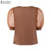 ZANZEA Women Casual Square Neck Mesh Patchwork Half Sleeve Blouse