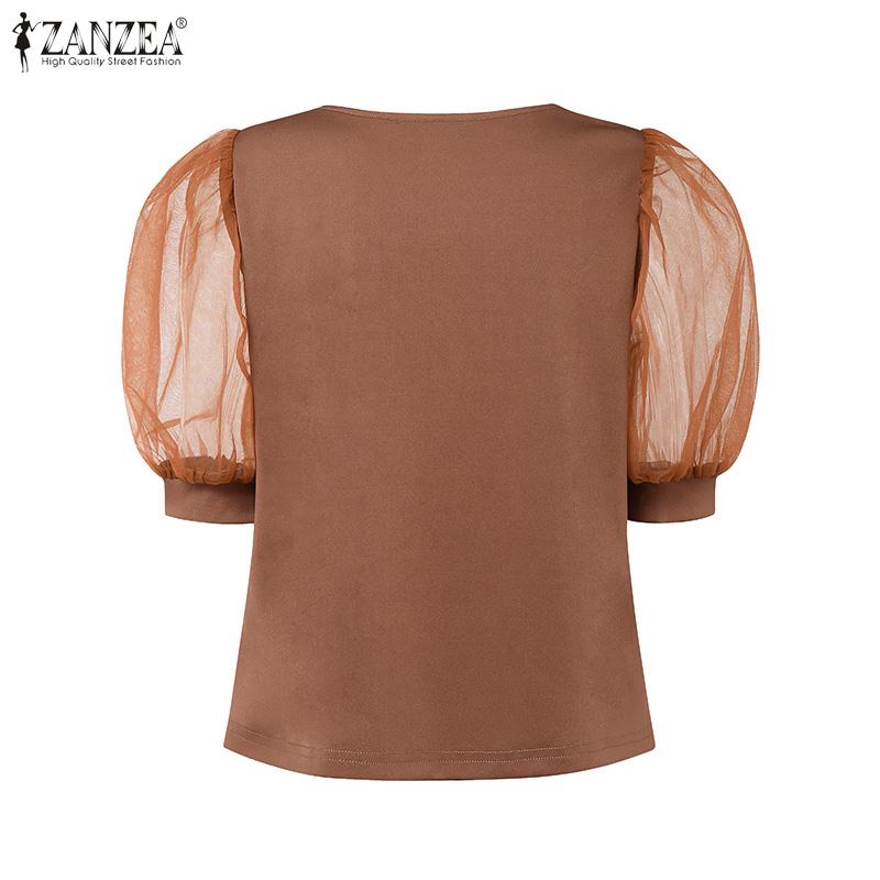 ZANZEA Women Casual Square Neck Mesh Patchwork Half Sleeve Blouse