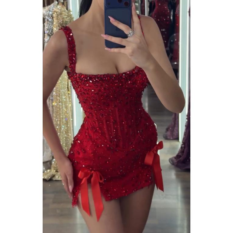 American Spice Girl Heavy Industry Nail Drilled Red Dress Dress Bow Split Sexy Short Banquet Dating Buttocks Short Skirt