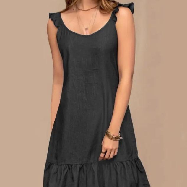 Летний джинсовый стиль Сарафан Модное женское платье без рукавов с оборками по подолу Пляжное праздничное короткое платье 4XL чёрный