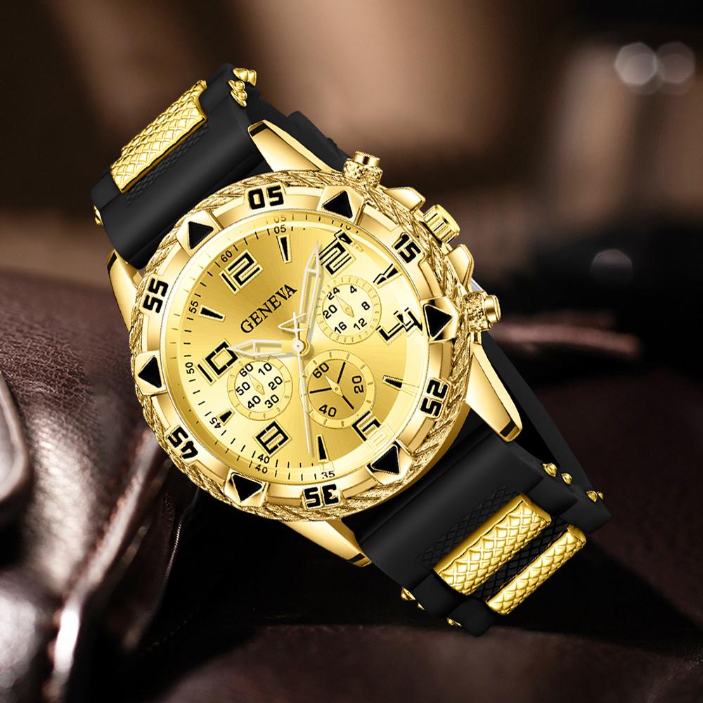 4PC Golden Men's Watch Set Fashionable and Versatile Quartz Watch Bracelet Necklace Ring Set Perfect Gift for Friends or Dad