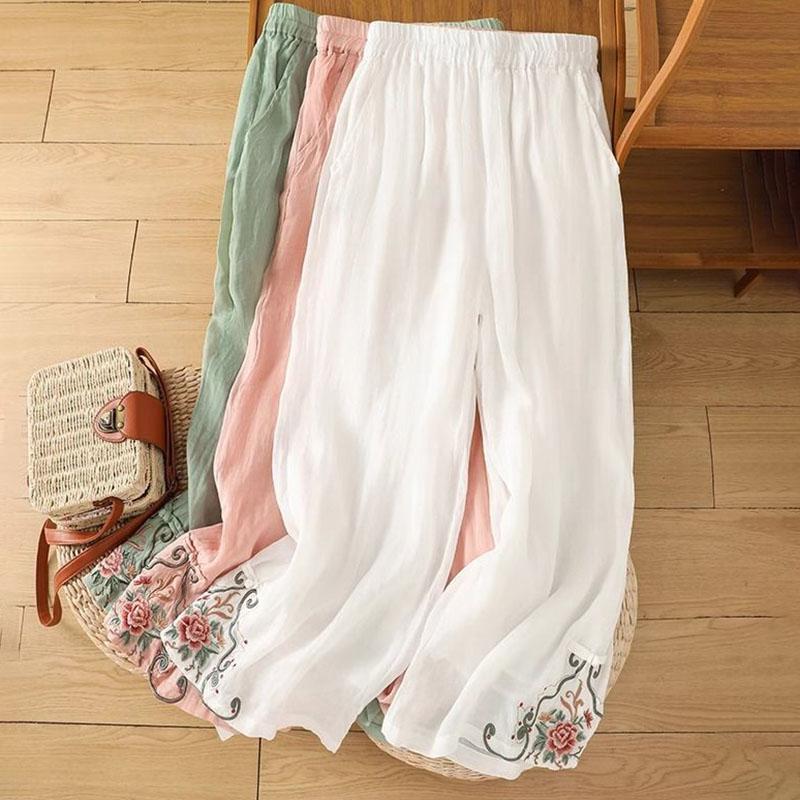 Cotton Pants Women Summer Loose Elastic Casual Embroidery High Waist Thin Large Size Long Pants