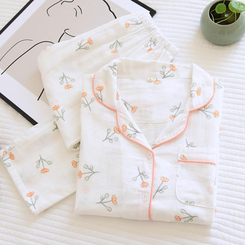 Spring Korean version of small flower gauze pajama set, cotton small fresh cardigan lapel long-sleeved loungewear