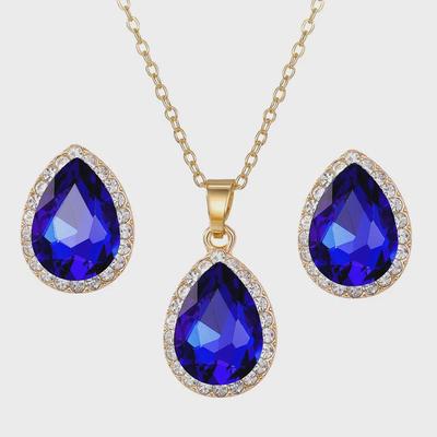 European & American Fashion Drop Gemstone Pendant Necklace & Earring Set