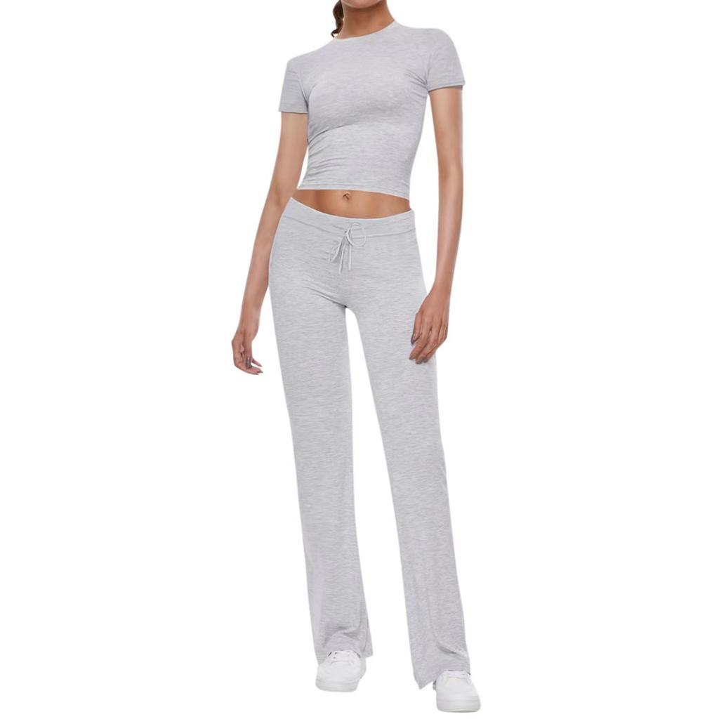 Women's Solid Color Two Piece Outfit Crop Short Sleeve Top Elastic Waist Flare Pants Casual Sports Tracksuit Set
