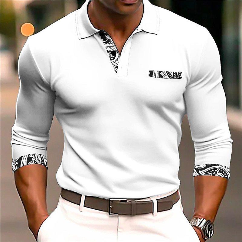 Trendy Long-sleeve Polo with Decorative Prints, Casual Wear.