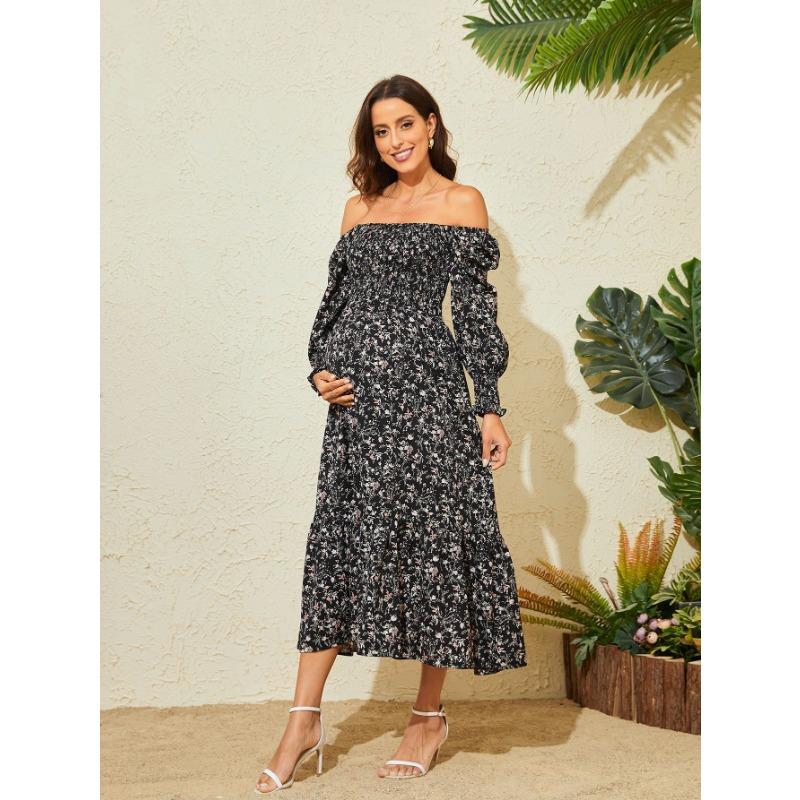 YYFS Women's Fashion Spring Fall Flower Pattern Print Long Sleeve Square Collar Loose Waistline Casual Dresses