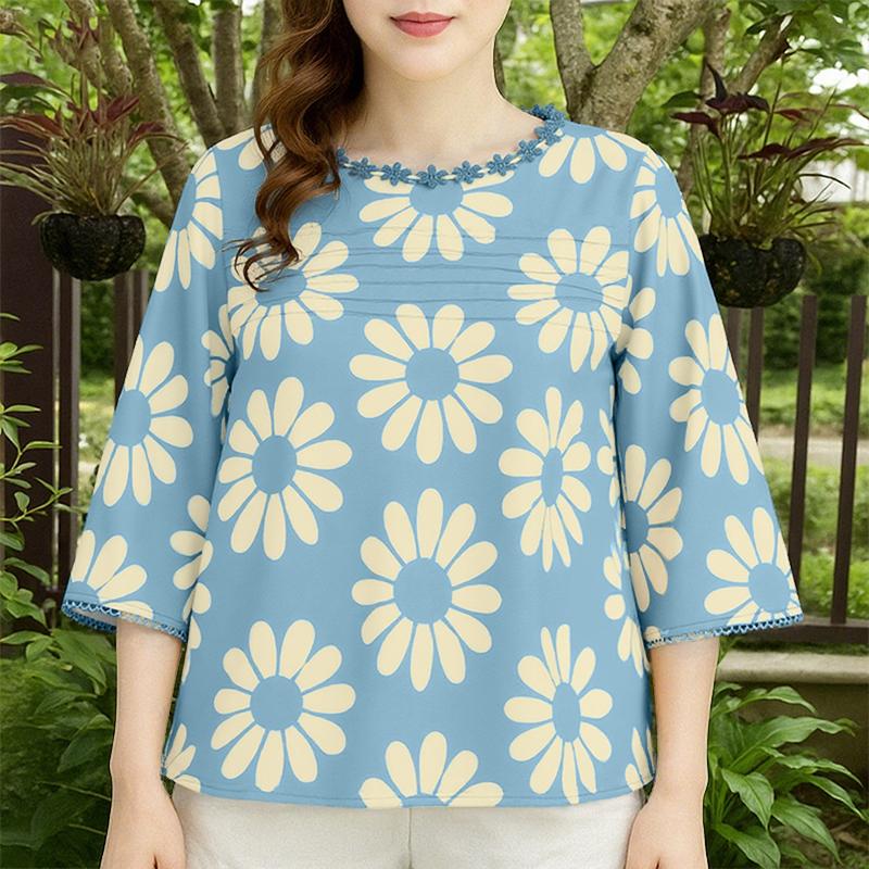 

ZANZEA Женская повседневная блузка с круглым вырезом и рукавом 3/4 с цветочным принтом 5XL синий