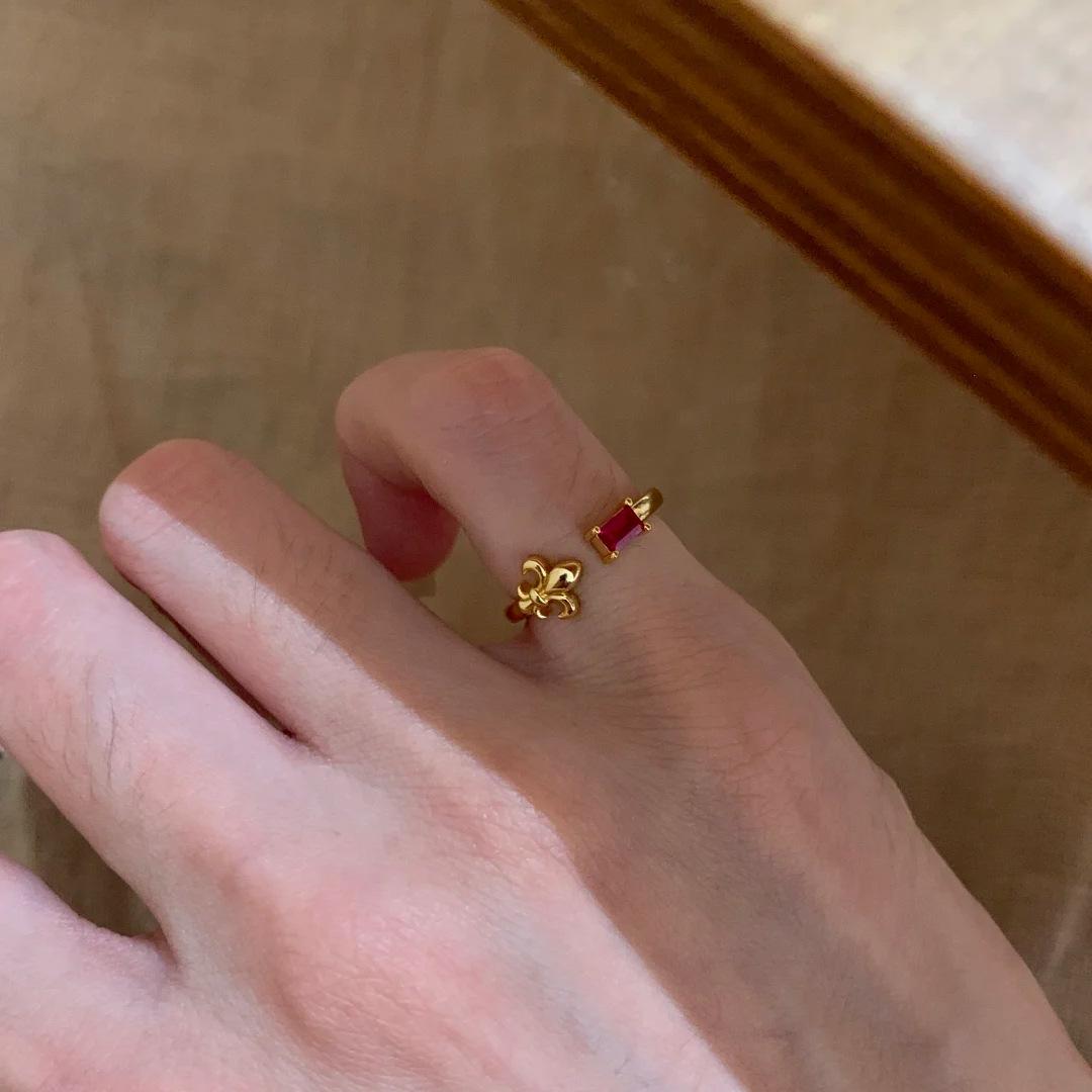 2026 Medieval French Gold Iris Ruby Tail Ring Retro Court Style Niche Seal Ring Resizable