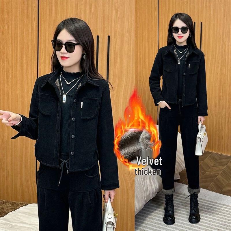 Women's Plus Velvet Corduroy Suit - Autumn/Winter Fashionable Plus Size Loose-Fit Coffee Two-Piece Set
